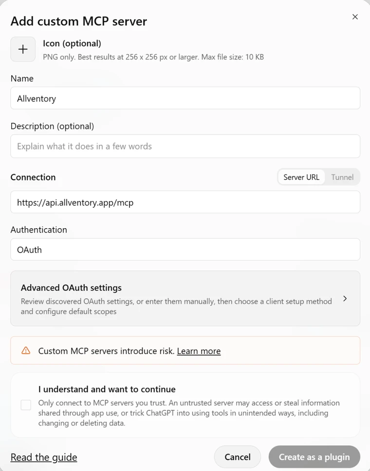 ChatGPT’s Add custom MCP server form with the name Allventory, the server address https://api.allventory.app/mcp and OAuth authentication.