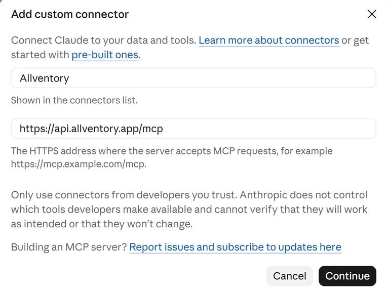 Claude’s Add custom connector dialog with the name Allventory and the server address https://api.allventory.app/mcp filled in.
