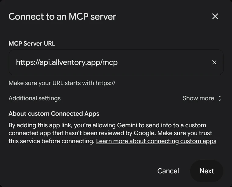 Gemini’s Connect to an MCP server dialog with the server address https://api.allventory.app/mcp filled in.