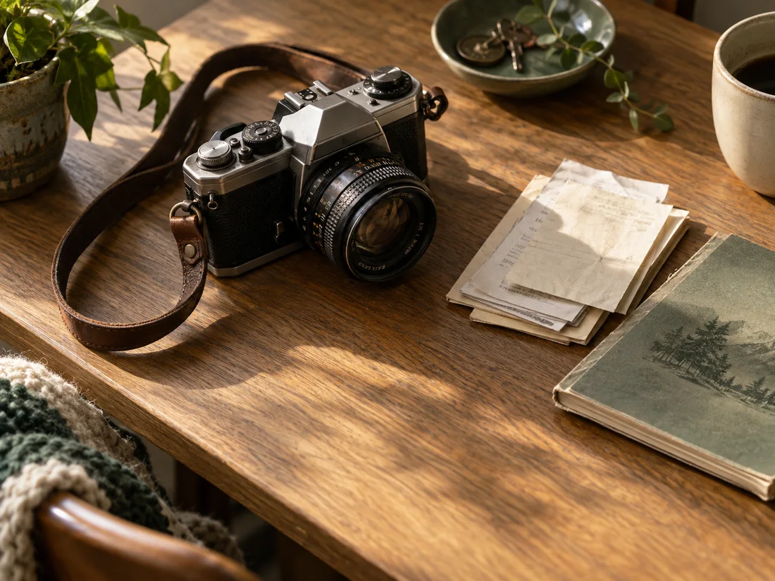 A vintage camera beside paper receipts and an instruction booklet on an oak table.