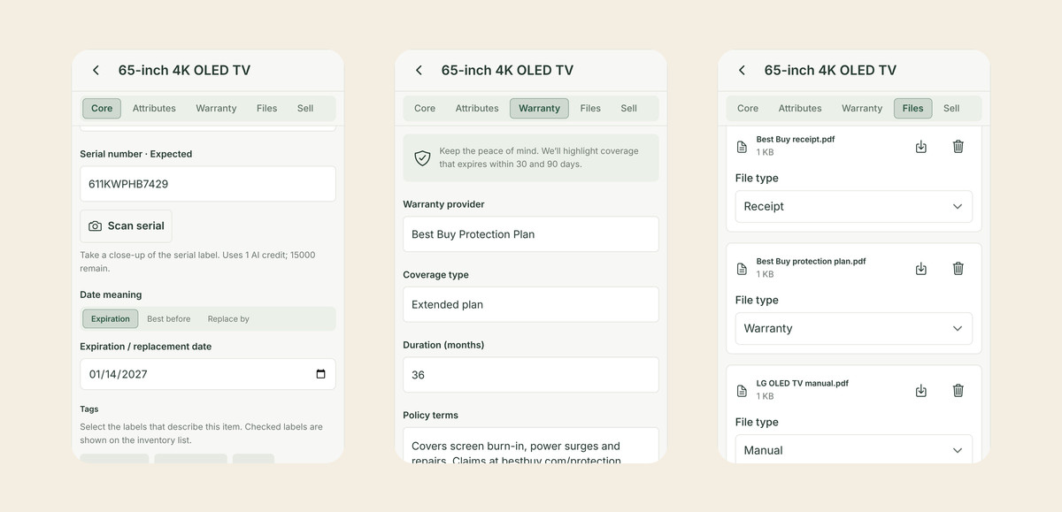 Three Allventory screens for a 65-inch OLED TV: the serial number and a January 14, 2027 expiration date used as the return-by date, the Warranty tab with a 36-month Best Buy Protection Plan, and the Files tab with the receipt, protection plan and manual attached.