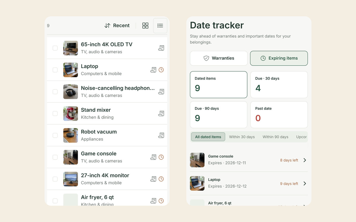 Two Allventory screens: a list of holiday purchases including a 65-inch OLED TV, laptop, headphones, stand mixer, robot vacuum and game console, and the Date tracker’s Expiring items tab with return-by dates such as the game console with 8 days left.