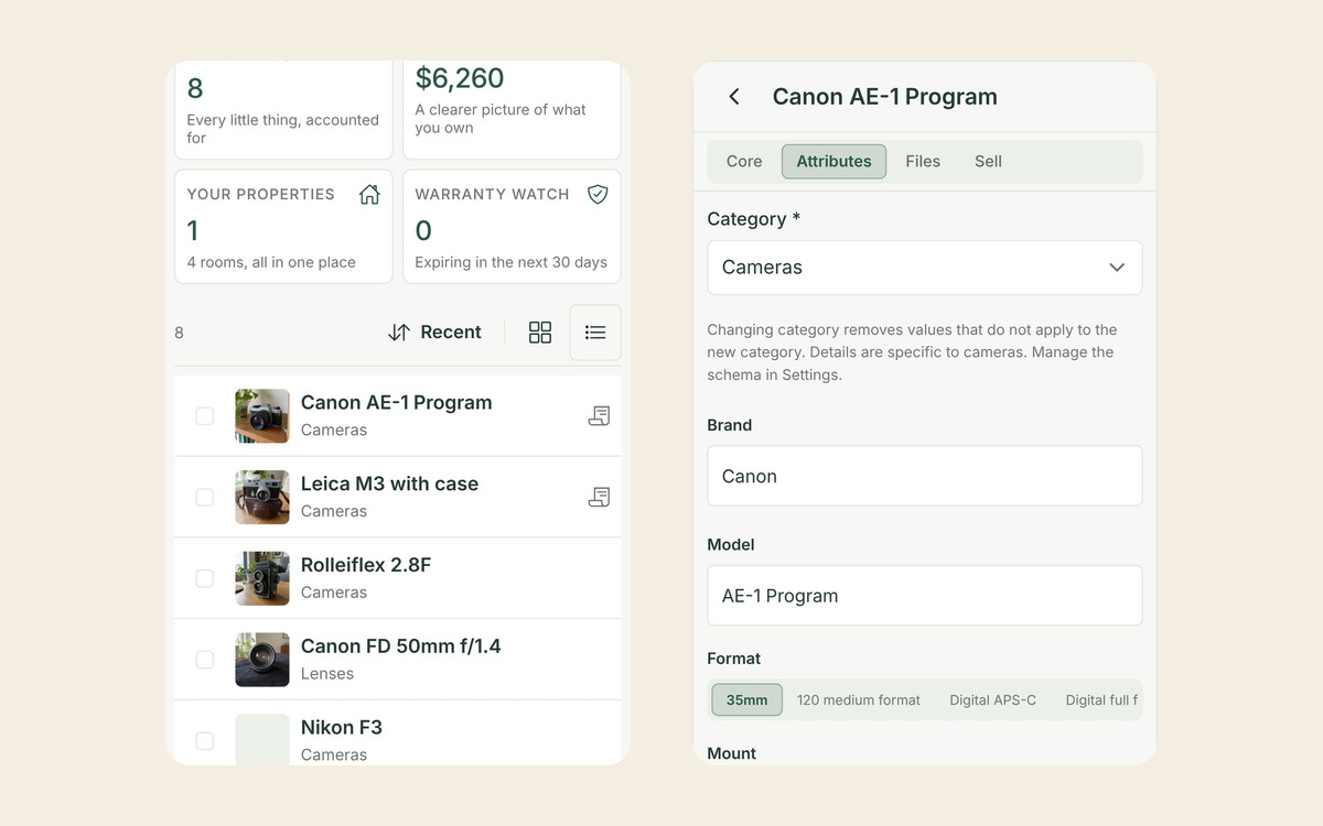 Two Allventory screens: a camera collection of 8 items worth $6,260, listing a Canon AE-1 Program, a Leica M3 with case, a Rolleiflex 2.8F and a Canon FD 50mm f/1.4 lens, and the AE-1 Program’s attributes in a Cameras category: brand Canon, model AE-1 Program, format 35mm and mount Canon FD.