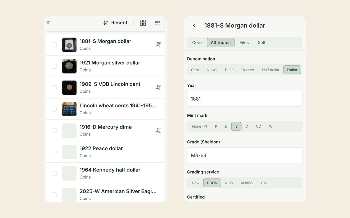 Two Allventory screens: a coin inventory list with the 1881-S and 1921 Morgan dollars, a 1909-S VDB Lincoln cent and a Lincoln wheat cent album, and the 1881-S Morgan dollar’s attributes: Dollar denomination, year 1881, mint mark S, Sheldon grade MS-64, PCGS grading service.