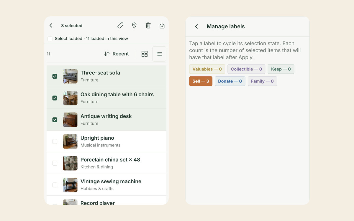 Three items selected in the Allventory list, the sofa, dining table and writing desk, and the Manage labels screen showing Sell applied to all 3 with Keep, Donate and Family available.