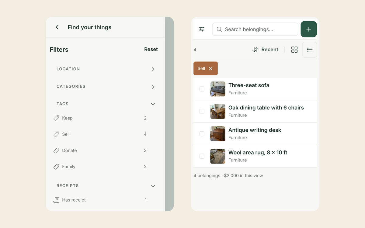 Two Allventory screens: the filter panel’s Tags section counting 2 items to Keep, 4 to Sell, 3 to Donate and 2 for Family, and the inventory filtered by the Sell tag showing a three-seat sofa, an oak dining table with 6 chairs, an antique writing desk and a wool area rug, $3,000 in total.