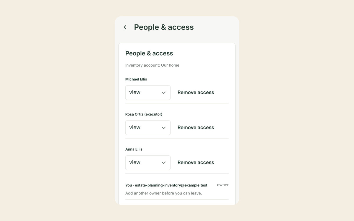 The Allventory People & access screen with Michael Ellis, Anna Ellis and Rosa Ortiz (executor) all set to view access.