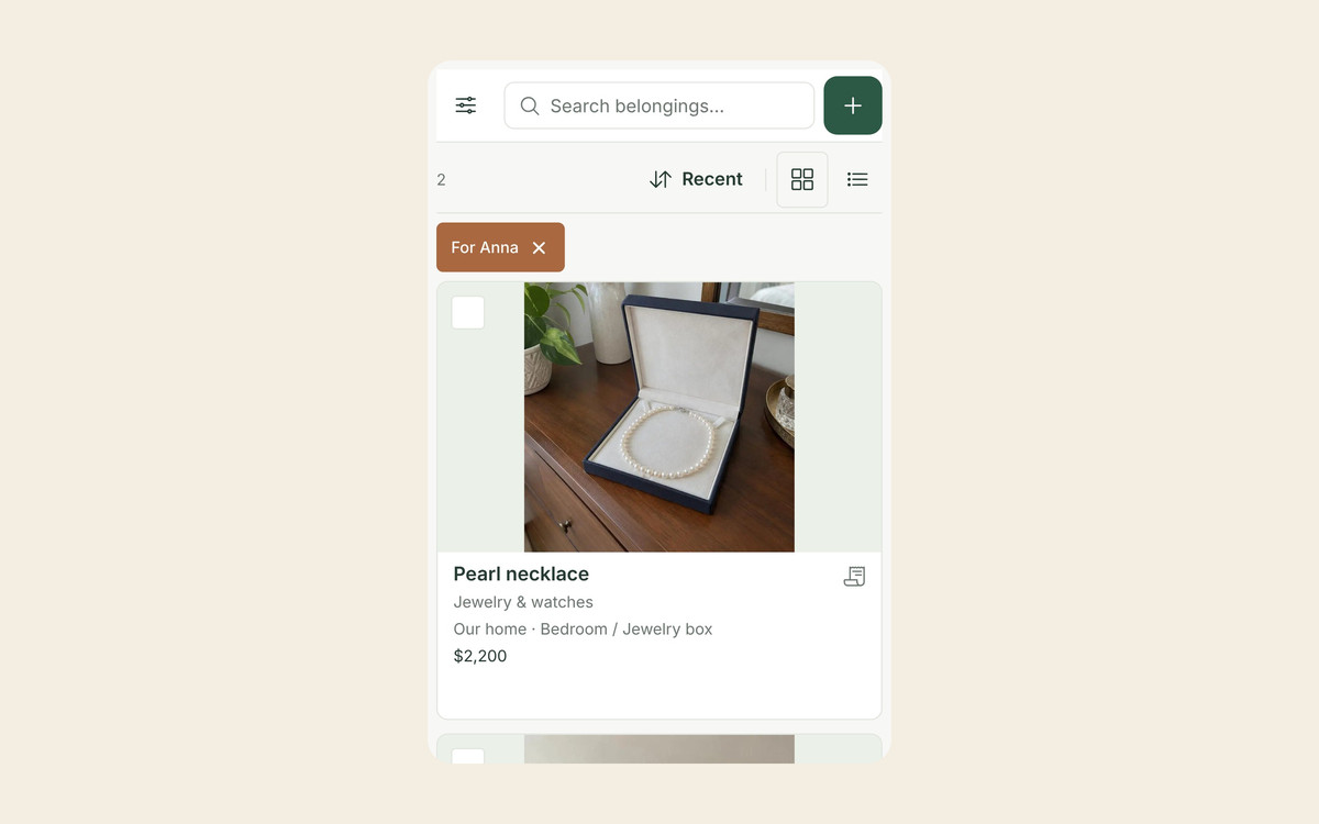 The Allventory inventory filtered by the tag For Anna, showing 2 items starting with the pearl necklace in Bedroom / Jewelry box, $2,200.