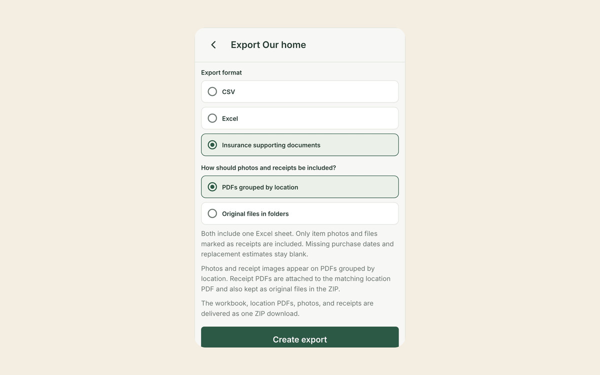 The Allventory export screen for the property Our home with Insurance supporting documents selected and photos and receipts included as PDFs grouped by location.