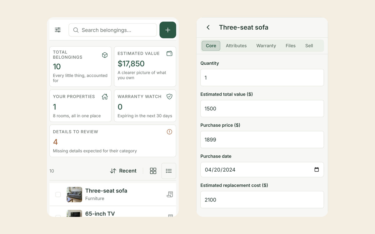 Two Allventory screens: the inventory dashboard with 10 belongings, an estimated value of $17,850 and a list starting with a three-seat sofa and a 65-inch TV, and the sofa’s value fields: quantity 1, estimated value $1,500, purchase price $1,899, purchased April 20, 2024, replacement cost $2,100.