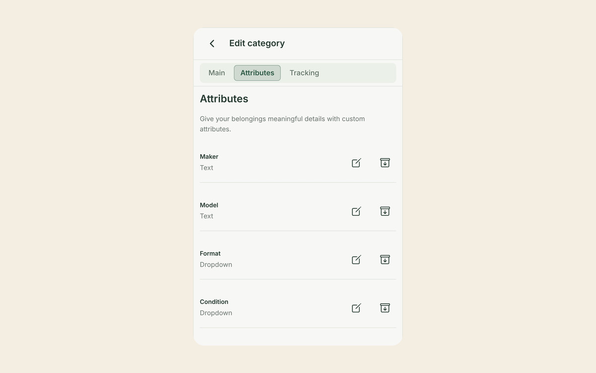 Editing a custom Cameras category in Allventory with the attributes Maker and Model as text, Format and Condition as dropdowns, Year made as a number and Tested working as yes or no.