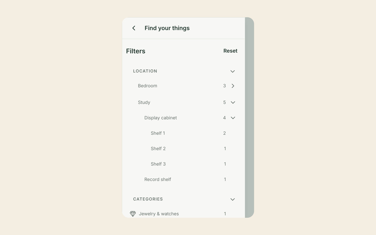 The Allventory location filter showing Study expanded into Display cabinet with Shelf 1, Shelf 2 and Shelf 3 and a Record shelf, each with an item count, plus Bedroom.
