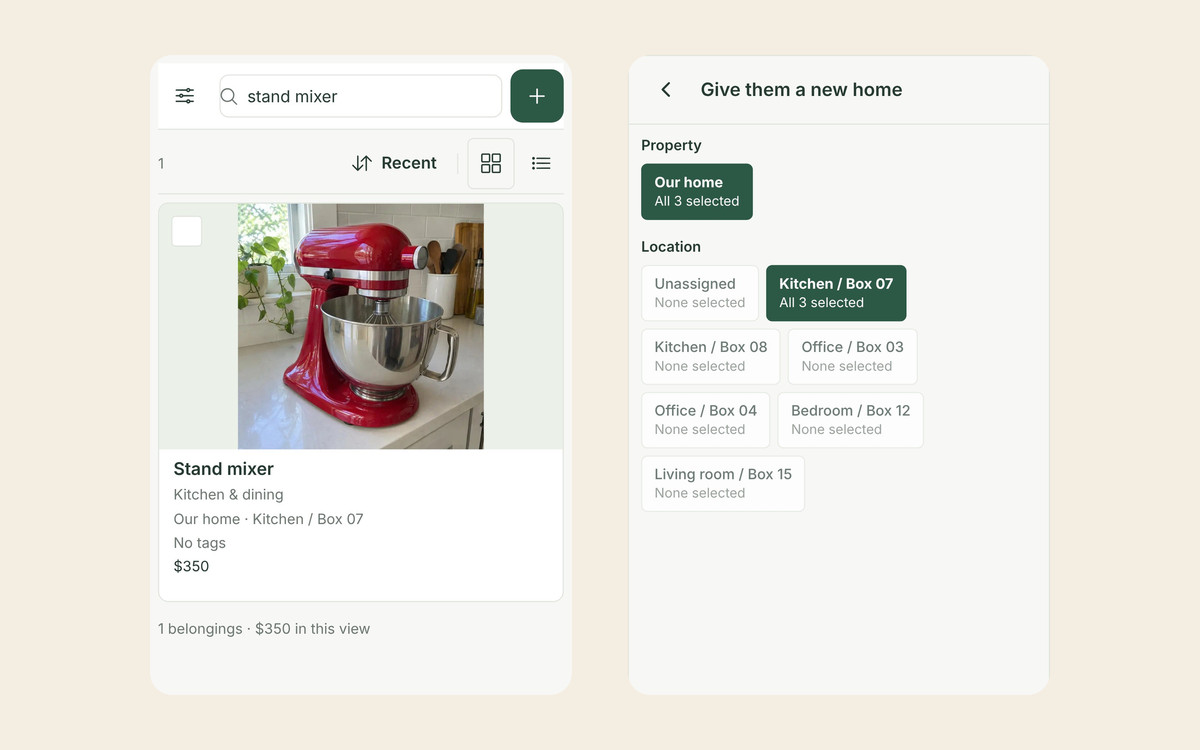 Searching Allventory for stand mixer shows it is in Our home, Kitchen / Box 07; the bulk move screen lists three selected items from Kitchen / Box 07 and the other boxes they can be moved to.