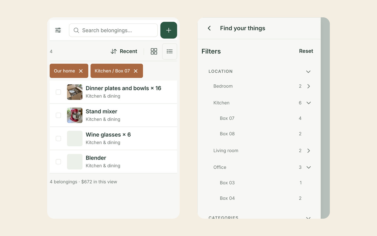 Two Allventory screens: the inventory filtered to Kitchen / Box 07 showing four packed items, including dinner plates and bowls and a stand mixer worth $672 in total, and the location filter tree with Kitchen, Living room, Bedroom and Office each broken down into numbered boxes with item counts.