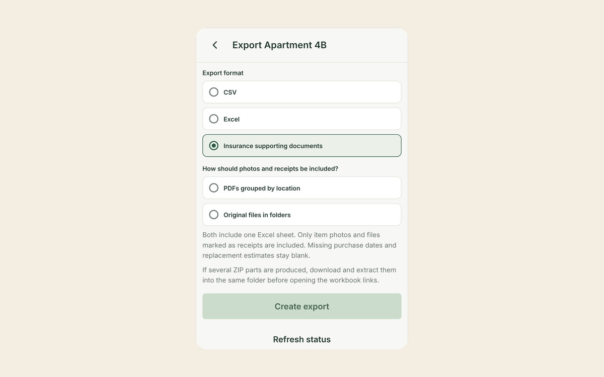 The Allventory export screen for Apartment 4B with Insurance supporting documents selected as the export format.