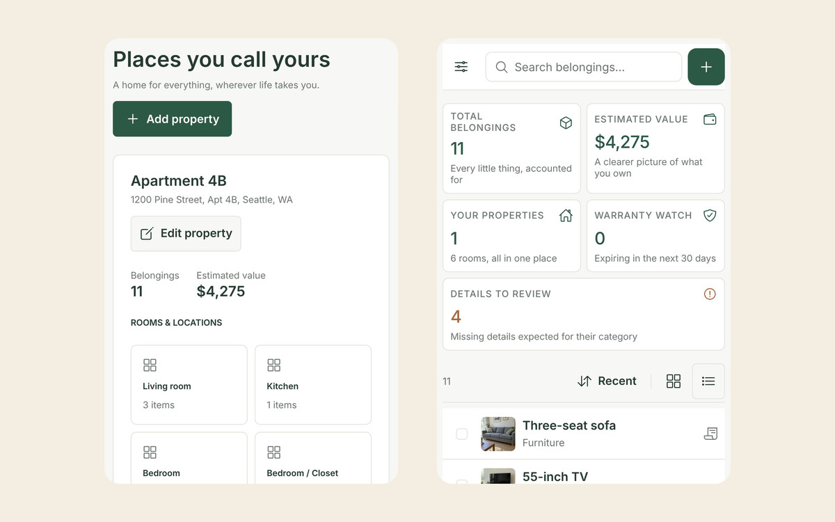 Two Allventory screens: the property Apartment 4B in Seattle with 11 belongings worth $4,275 split across rooms such as Living room, Bedroom, Bedroom / Closet and a storage unit shelf, and the inventory dashboard with the same total and a list starting with a three-seat sofa and a 55-inch TV.