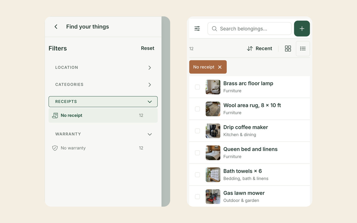 Two Allventory screens: the filter panel’s Receipts section with No receipt selected, and the list of items still missing a receipt, such as the floor lamp, area rug, coffee maker and lawn mower.
