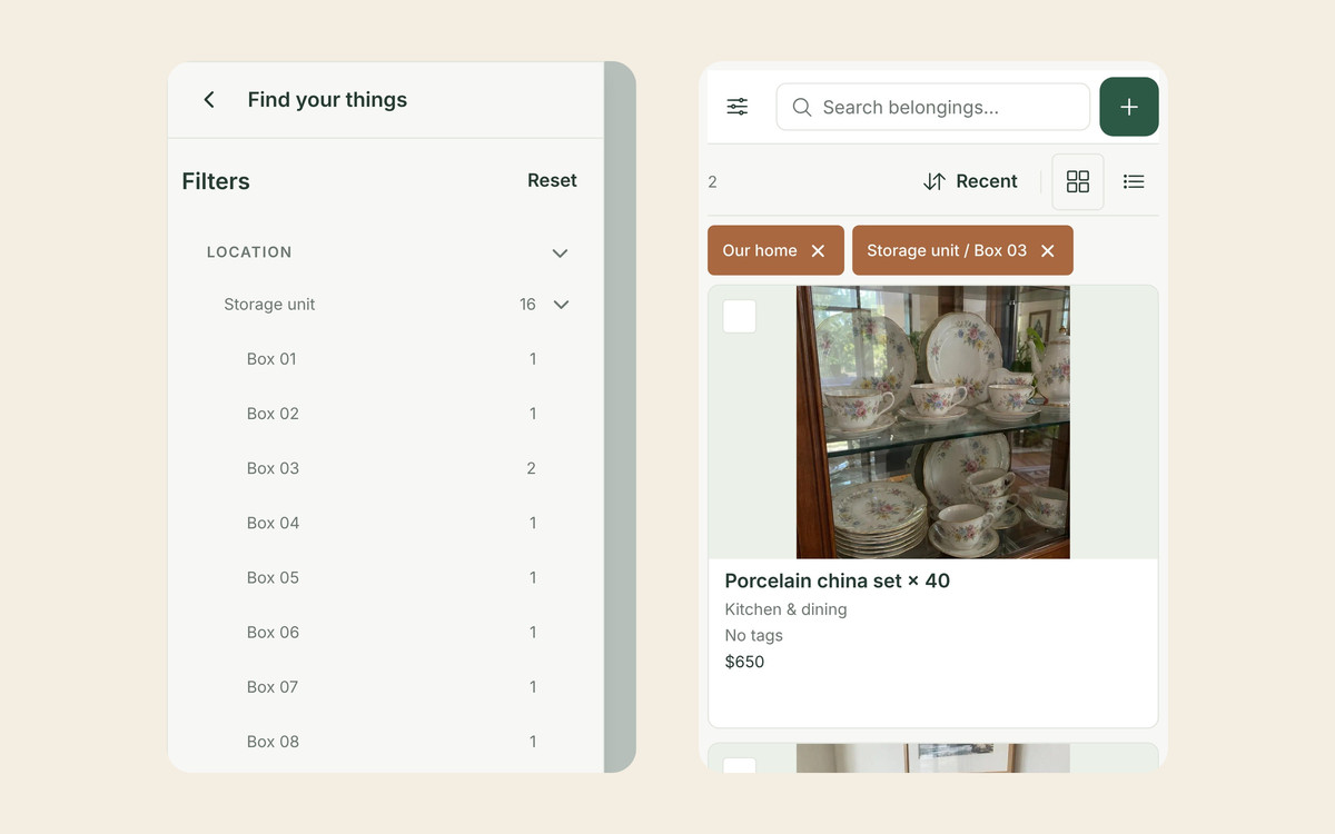 Two Allventory screens: the location filter with Storage unit expanded into Box 01 to Box 12 and an item count for each box, and the inventory filtered to Storage unit / Box 03 showing a 40-piece porcelain china set and a record player.