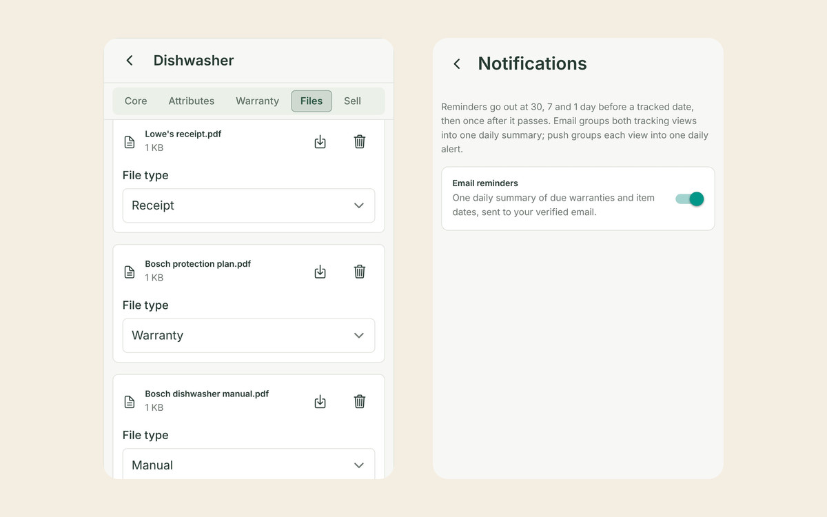 Two Allventory screens: the dishwasher’s Files tab with a Lowe’s receipt, a Bosch protection plan and the manual, each marked with its file type, and the Notifications settings with email reminders switched on.
