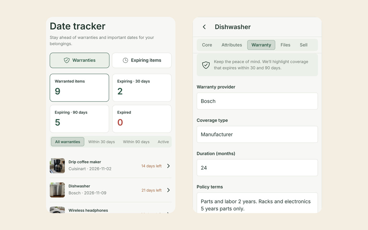 Two Allventory screens: the Date tracker’s Warranties tab showing 9 warrantied items, 2 expiring within 30 days, with the coffee maker at 14 days left and the dishwasher at 21 days left, and the dishwasher’s Warranty tab with Bosch as provider, Manufacturer coverage, 24 months and its policy terms.