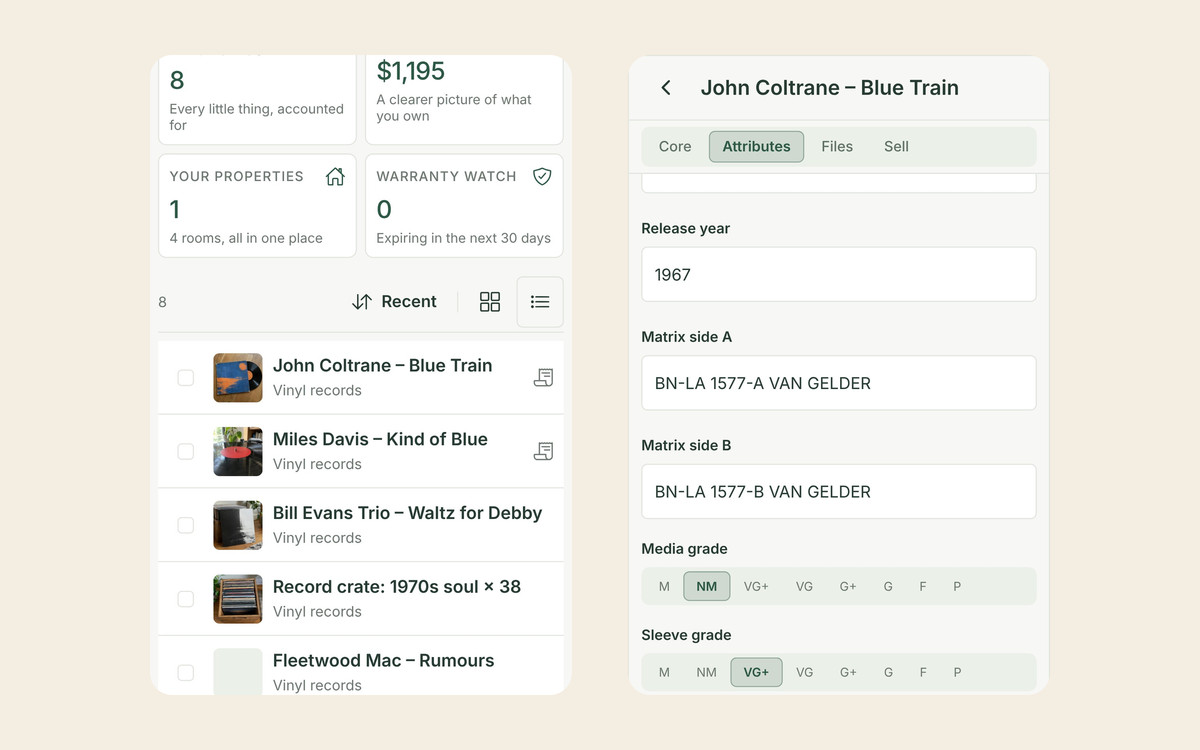 Two Allventory screens: a record collection of 8 items worth $1,195, listing John Coltrane – Blue Train, Miles Davis – Kind of Blue, Bill Evans Trio – Waltz for Debby and a crate of 1970s soul, and the attributes of Blue Train: release year 1967, matrix BN-LA 1577-A and B VAN GELDER, media grade NM, sleeve grade VG+ and first pressing No.